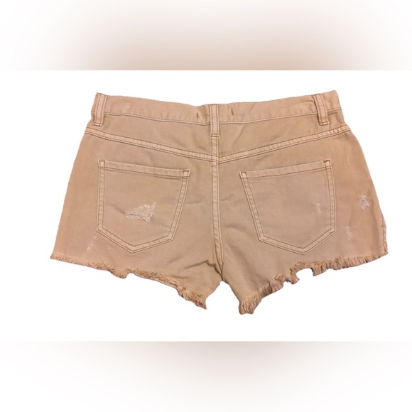 Free People Frayed Raw Hem Button Fly Denim Khaki Tan Jean Shorts Size 24 waist - Picture 2 of 5